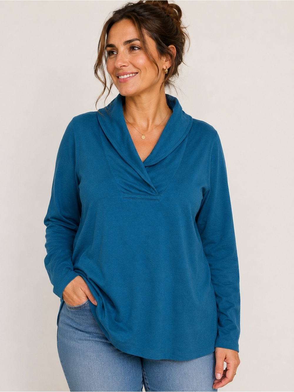 L.L.Bean Women’s XL Petite 100% Cotton Teal Long Sleeve Shawl Collar Top